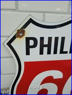 Vintage Phillips 66 Porcelain Sign Metal Gas Station Highway Shield Advertising