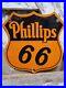 Vintage-Phillips-66-Porcelain-Sign-Orange-Gas-Oil-Highway-Shield-Truckstop-Motor-01-dx