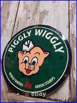 Vintage Piggly Wiggly Porcelain Sign Old Grocery Store Pig S&h Green Stamps Gas