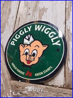 Vintage Piggly Wiggly Porcelain Sign Old Grocery Store Pig S&h Green Stamps Gas