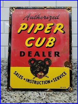 Vintage Piper Cub Porcelain Sign 1945 Aviation Airplane Pilot Plane Bear Gas