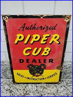 Vintage Piper Cub Porcelain Sign 1945 Aviation Airplane Pilot Plane Bear Gas