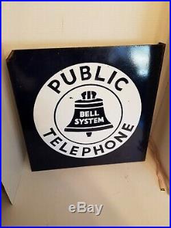Vintage Porcelain BELL SYSTEM PUBLIC TELEPHONE Sign Double Sided Flange 18x18