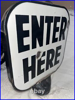 Vintage Porcelain Enamel Metal Sign Enter Here Sign Poll Sign Double Sided