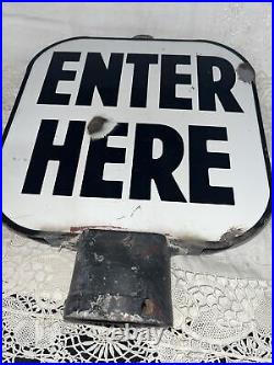 Vintage Porcelain Enamel Metal Sign Enter Here Sign Poll Sign Double Sided