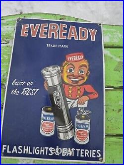 Vintage Porcelain Eveready Flashlight And Battery Advertising Sign 18×12 FREEs