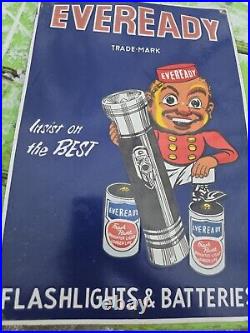 Vintage Porcelain Eveready Flashlight And Battery Advertising Sign 18×12 FREEs