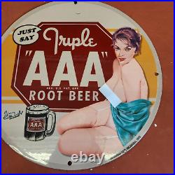 Vintage Porcelain Sign Triple A Root Beer Drink USA Gas Oil Station Pump Plate