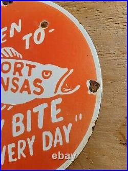 Vintage Port Aranas Porcelain Sign Texas Fishing Gas Motor Oil Service Fish Bass
