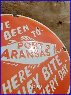 Vintage Port Aranas Porcelain Sign Texas Fishing Gas Motor Oil Service Fish Bass