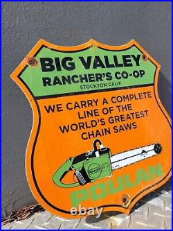 Vintage Poulan Porcelain Sign Ranch Chainsaw Farm Tractor Tools Gas Oil Shield