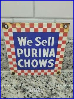 Vintage Purina Chows Porcelain Sign Dog Cat Pet Food Oil Gas Station Farm Barn