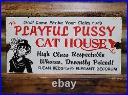 Vintage Pussycat House Porcelain Sign Gentlemans Bar Brothel Ladies Club Women