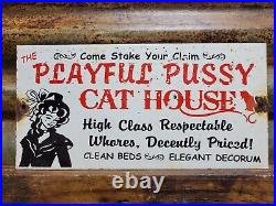 Vintage Pussycat House Porcelain Sign Gentlemans Bar Brothel Ladies Club Women