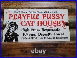 Vintage Pussycat House Porcelain Sign Gentlemans Bar Brothel Ladies Club Women