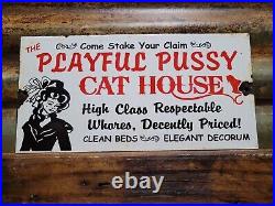 Vintage Pussycat House Porcelain Sign Gentlemans Bar Brothel Ladies Club Women