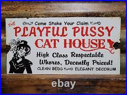 Vintage Pussycat House Porcelain Sign Gentlemans Bar Brothel Ladies Club Women