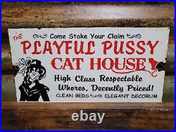 Vintage Pussycat House Porcelain Sign Gentlemans Bar Brothel Ladies Club Women