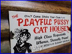 Vintage Pussycat House Porcelain Sign Gentlemans Bar Brothel Ladies Club Women