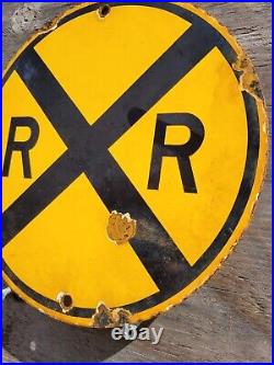 Vintage Railroad Crossing Porcelain Sign Train Railway Conductor Gas Motor Oil