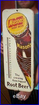 Vintage Rare 10inX26in Mason Root Beer Soda Pop Metal Thermometer Sign With Bottle