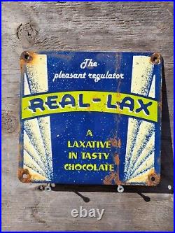 Vintage Real-lax Porcelain Sign Medical Laxative Toilet Gas Station Oil Remedy