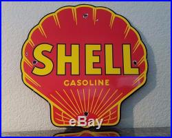 Vintage Red Clam Shell Gasoline Porcelain Gas Motor Oil Pump Plate Sign