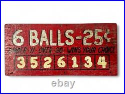 Vintage Red Hand-Painted Wood Carnival Sign Ball Game 6 Balls 25 Cents