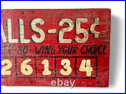 Vintage Red Hand-Painted Wood Carnival Sign Ball Game 6 Balls 25 Cents