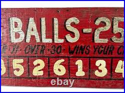 Vintage Red Hand-Painted Wood Carnival Sign Ball Game 6 Balls 25 Cents