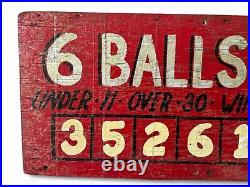 Vintage Red Hand-Painted Wood Carnival Sign Ball Game 6 Balls 25 Cents