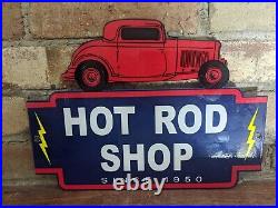 Vintage Red Hot Rod Shop Porcelain Advertising Die Cut Sign 12 X 9