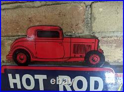 Vintage Red Hot Rod Shop Porcelain Advertising Die Cut Sign 12 X 9