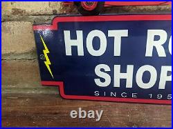 Vintage Red Hot Rod Shop Porcelain Advertising Die Cut Sign 12 X 9