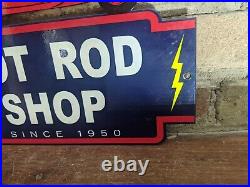 Vintage Red Hot Rod Shop Porcelain Advertising Die Cut Sign 12 X 9