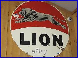 Vintage Red & White Lion Oil Porcelain Advertisement Sign 60 Round