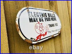 Vintage Reddy Kilowatt Porcelain Sign Electric Utility Bills Paid Here Oil Gas
