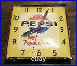 Vintage Retro 1950s Pepsi Cola Square Bubble Wall Clock Lighted Say Pepsi Please