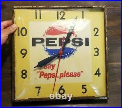 Vintage Retro 1950s Pepsi Cola Square Bubble Wall Clock Lighted Say Pepsi Please