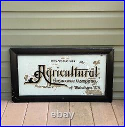 Vintage Reverse Glass Painted Advertising Sign Agricultural Insurance Watertown