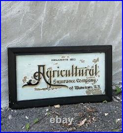 Vintage Reverse Glass Painted Advertising Sign Agricultural Insurance Watertown