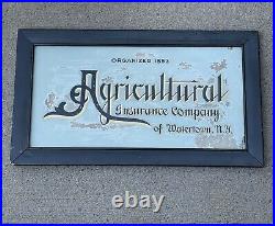 Vintage Reverse Glass Painted Advertising Sign Agricultural Insurance Watertown