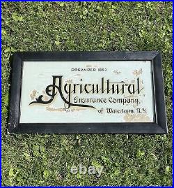 Vintage Reverse Glass Painted Advertising Sign Agricultural Insurance Watertown