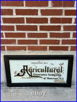 Vintage Reverse Glass Painted Advertising Sign Agricultural Insurance Watertown