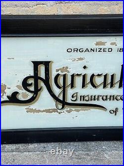 Vintage Reverse Glass Painted Advertising Sign Agricultural Insurance Watertown