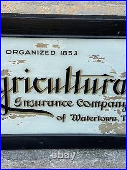 Vintage Reverse Glass Painted Advertising Sign Agricultural Insurance Watertown