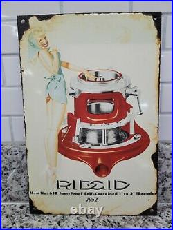 Vintage Ridgid Porcelain Sign Hand Power Tools Garage Oil Gas Station Service