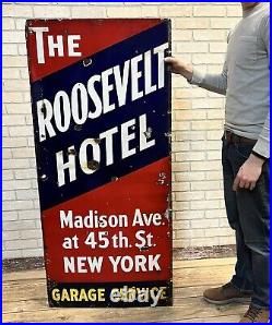 Vintage Roosevelt Hotel New York City Original Porcelain Advertising Sign Garage