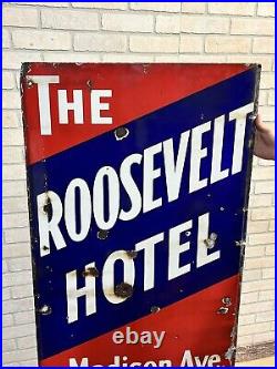 Vintage Roosevelt Hotel New York City Original Porcelain Advertising Sign Garage