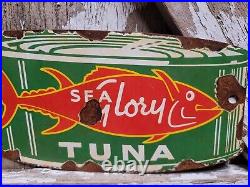 Vintage Sea Glory Porcelain Sign Old Tuna Fish Factory Diecut Fisherman Gas Oil